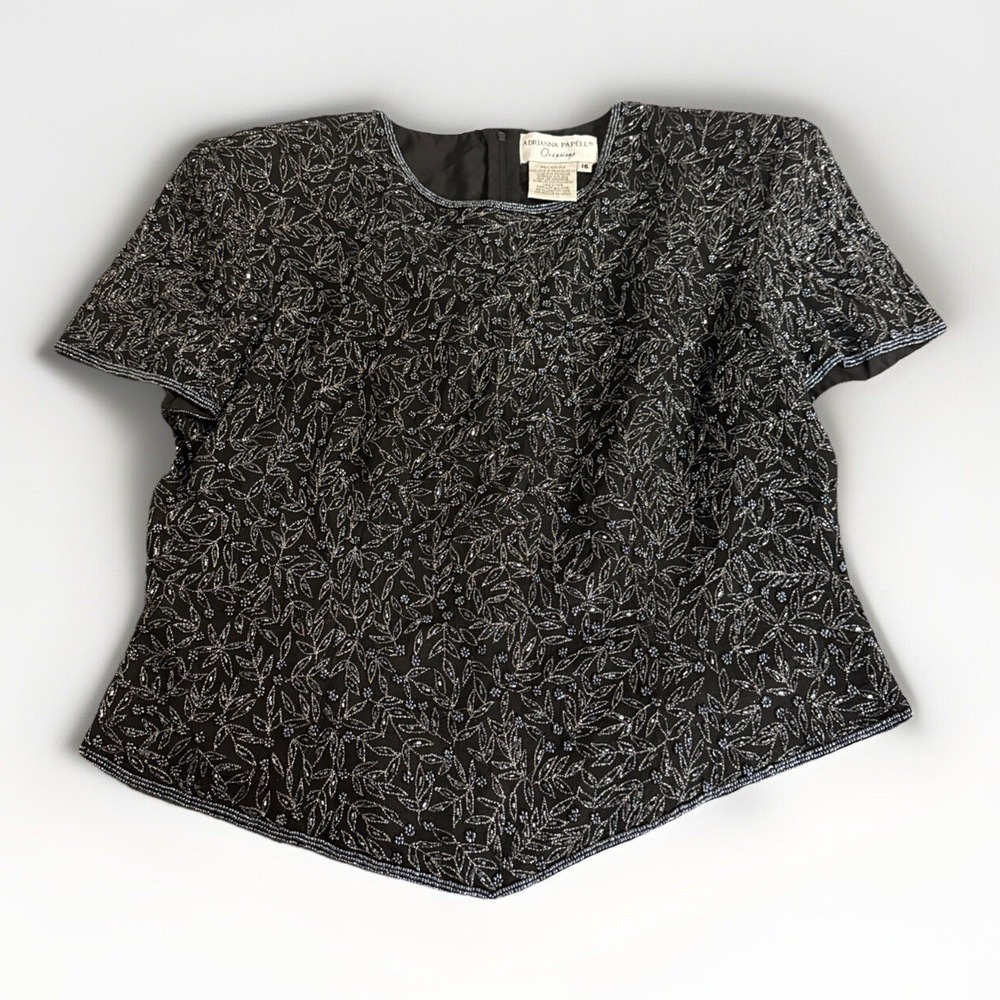 Adrianna Papell Occasions Black Beaded Embellished Silk Top Sz 16